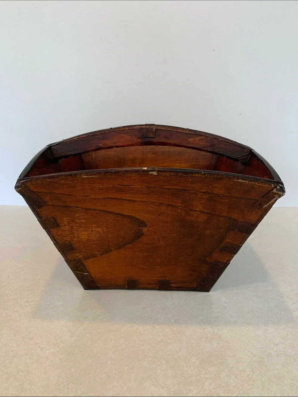 Oriental Asian Wood Rice/Harvest Style Basket with Metal Straps